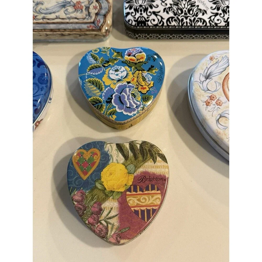 Brighton heart shape & rectangular EMPTY tin metal jewelry containers, lot of 8